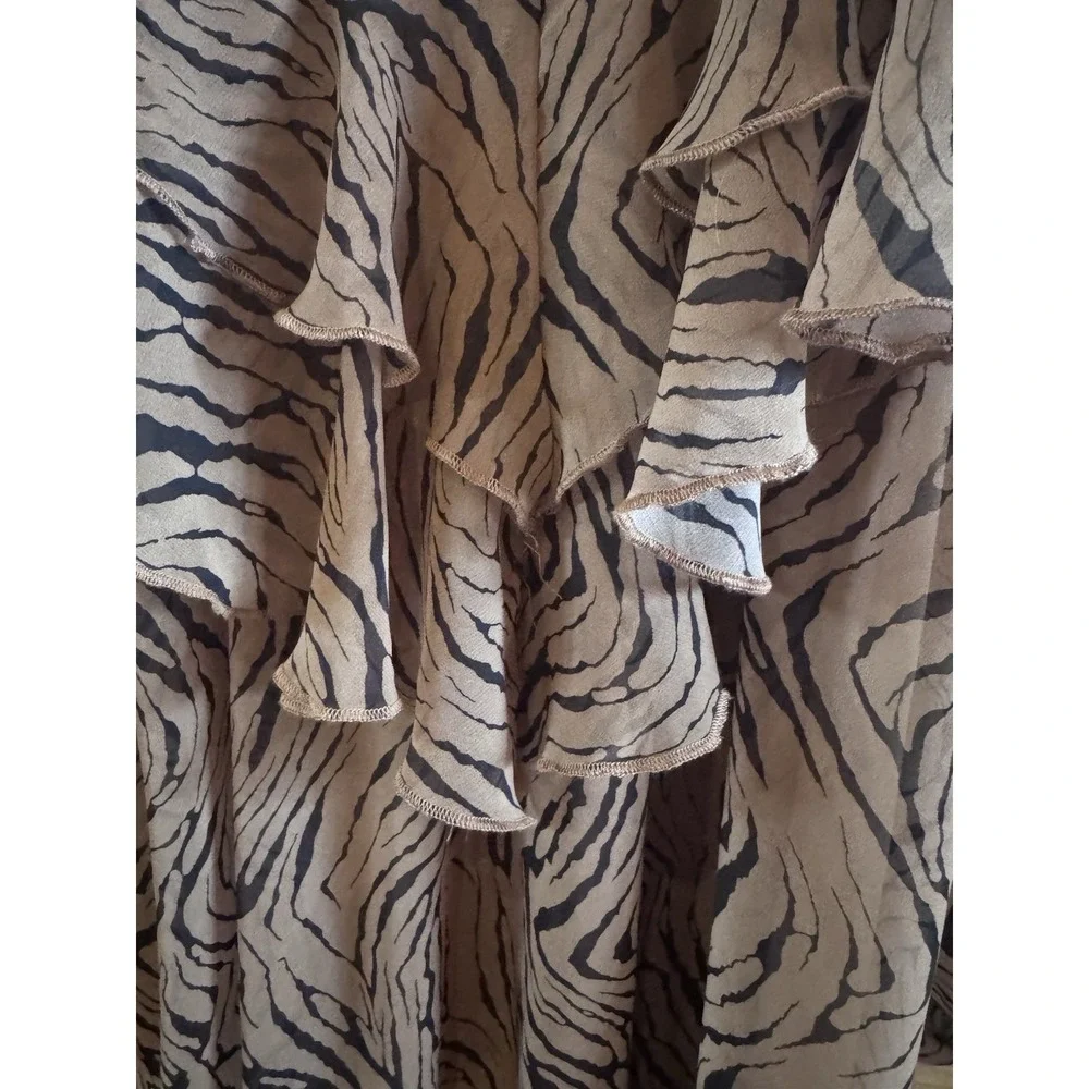 Entro Tan Black Zebra Print Mini Dress Sz Small Ruffled V Nevkline Tiered Skirt